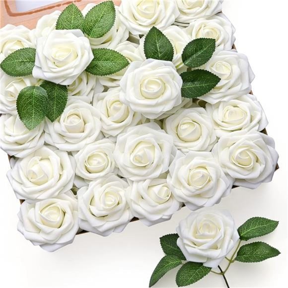 50Pcs Artificial Flowers Rose,Ivory White FakeRoses for Decorations,Real Looking - Picture 1 of 6